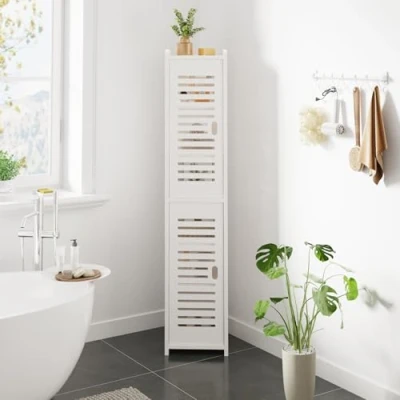 Image of Dripex 7 Tier Bathroom Floor Cabinet, Slim White Storage Cabinet with Door, Narrow Free Standing Cupboards Adjustable Shelves for Bathroom, Bedroom or Balcony (Door Style 2)