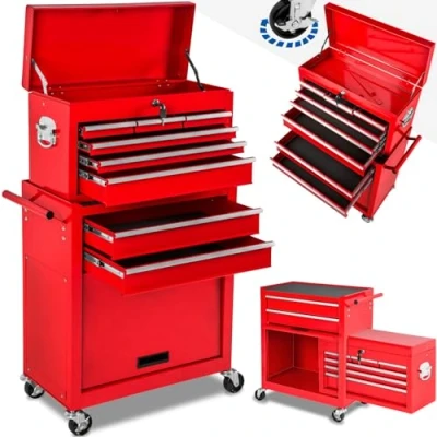 Image of TecTake® Tool Cart and Chest Set, 10 Compartments, inc. 8 Drawers, 2 Open Boxes. Mobile Trolley with Ball Bearing Slides, Non Slip Mats, Wheel Brakes Lockable Case. Powder Coated Steel Red