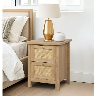 Image of Hallowood Furniture Newquay Oak Effect Bedside Table with 2 Drawers &amp; Rattan Front, Narrow Table, Lamp Bedroom Storage Unit, Nightstand, Side for Living Room