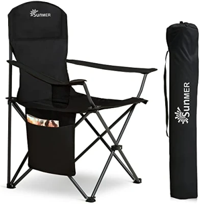 Image of SUNMER Folding Camping Chairs, Extra Wide Lightweight Outdoor Chairs with Armrests and Cup Holder, 120 kg Capacity Black