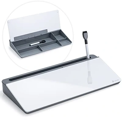 Image of Varhomax Glass Desk Whiteboard with Storage, Desktop Dry Erase White Board to do List Memo Keyboard Stand Organizers for Home Office and School Supplies