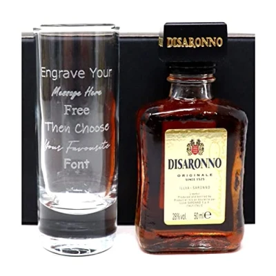 Image of Regalo Personalised Engraved Tall Shot Glass &amp; Miniature Alcohol (Disaronno Amaretto Original)