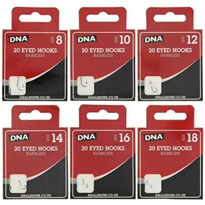 Image of 120 x Barbless Eyed Match Hooks 20 Sizes 8 10 12 14 16 18 Coarse Fishing Tackle DNA