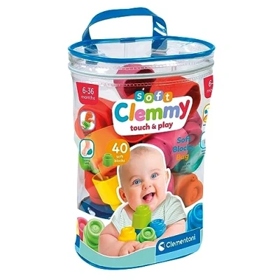 Image of Clementoni Baby Soft Blocks Clemmy Bag 40 Pieces Building Blocks, for Kids 6 Months, Bricks Washable, Construction Set, Development &amp; Activity Toy, Made In Italy, 17878