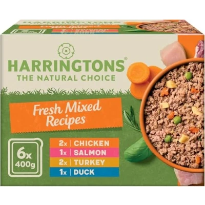 Image of Harringtons Complete Wet Tray Grain Free Hypoallergenic Adult Dog Food Mixed Pack 6x400g Chicken, Salmon, Turkey &amp; Duck Made with All Natural Ingredients