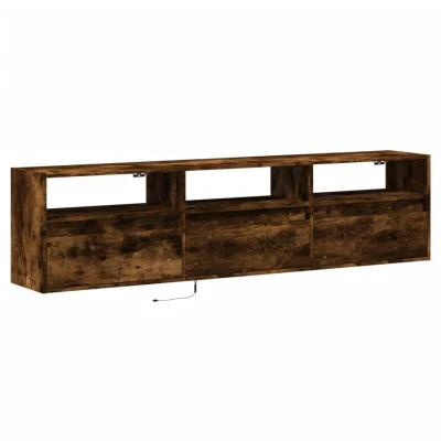 Image of vidaXL TV Wall Cabinet with LED Lights Smoked Oak Floating Media Console, Engineered Wood, 180x31x45 cm, Modern Design, Mounted Storage for Living Room/Bedroom