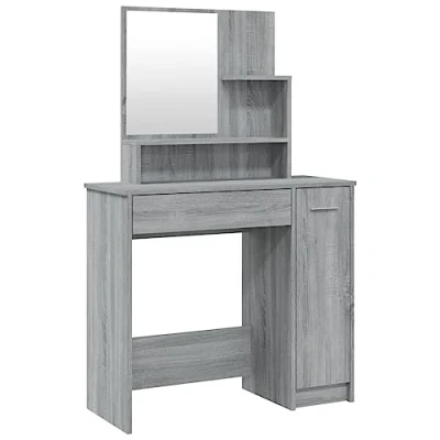 Image of vidaXL: Grey Sonoma Dressing Table with Mirror, Makeup Vanity Desk Engineered Wood Drawer, Shelves and Door for Bedroom Decor