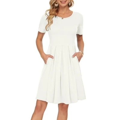 Image of AUSELILY Ladies Summer Short Sleeve Pleated Loose Swing Casual Dress with Pockets Knee Length White L