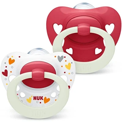Image of NUK Signature Night Baby Dummy 18 36 Months Soothes 95% of Babies Heart Shaped BPA Free Silicone Soothers Glow in The Dark Includes Case Red Hearts 2 Count