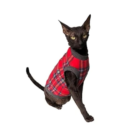 Image of Kotomoda cat&#039;s sweater Plaid Red Grey Naked Cat Hairless Sphynx Clothes (XL)