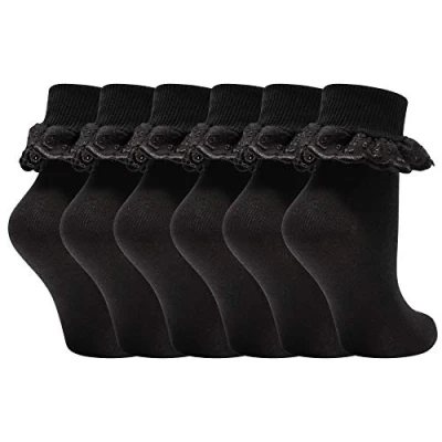 Image of Girls Lace Socks SX166 4 6 UK (EU 37 39) BLACK