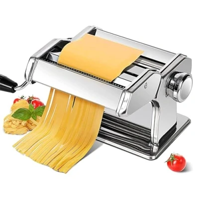 Image of Stainless Steel Pasta Maker Machine 9 Thickness Setting Ravioli Cutters Manual Homemade Roller and Cutter Dual Width Noodle for Pasta, Spaghetti, Fettuccine, Lasagna