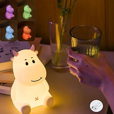 Image of LANMOU Cute Cow Night Light for Kids, LED Children Colour Changing Bedside Lamp Portable Animal Silicone with Touch Control, USB Chargeable Baby Mood Kids Bedroom,Pink