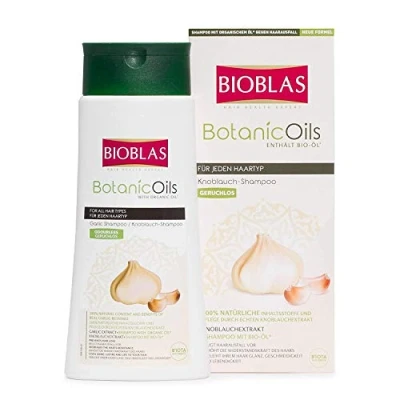 Image of Bioblas botanic oils, garlic shampoo, odourless, dermatologically tested, anti hair loss with organic oil, 360 ml