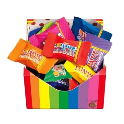 Image of Tony&#039;s Chocolonely Tiny Gift Box 180g Mini Chocolate Mix To Share, 10 Different Flavours, Individually Wrapped, Vegetarian, Belgian Fairtrade Chocolates