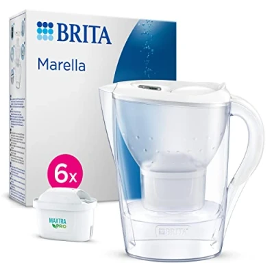 Image of BRITA Marella Water Filter jug White (2.4L) Half Year Pack incl. 6x MAXTRA PRO All in 1 cartridge fridge fitting with digital LTI and Flip Lid now sustainable Smart Box packaging