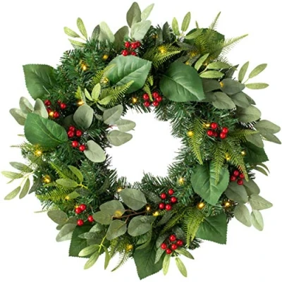 Image of WeRChristmas Pre Lit Eucalyptus and Berry Decorated Wreath with LED Lights, Green, 60 cm