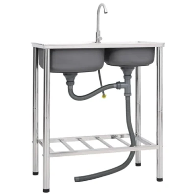 Image of &#039;vidaXL Camping Sink Double Basins Stainless Steel Outdoor Kitchen Station Portable Silver 76x42x18.5 cm