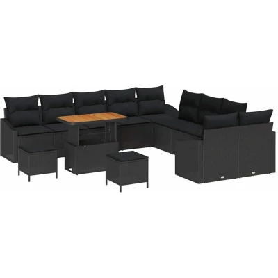 Image of vidaXL 13 Piece Garden Sofa Set with Cushions Black Poly Rattan Acacia