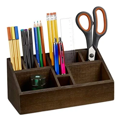 Image of Relaxdays Pen Holder, Bamboo Desk Organiser with 10 Compartments for Pens and Notes, Tray, Dark Brown