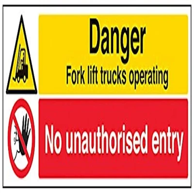 Image of VSafety Danger Fork Lift Trucks Operating No Unauthorised Entry Sign Landscape 450mm x 150mm Self Adhesive Vinyl