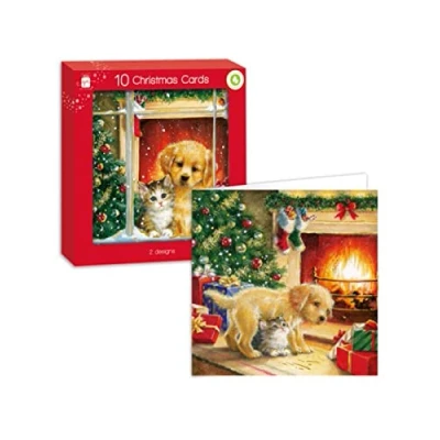 Image of Giftmaker Pack 10 Square Christmas Cards 2 Kitten &amp; Puppy Designs