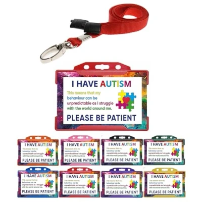 Image of QUANTUM LEAP Autism Awareness I Have Please Be Patient Card With Red Holder &amp; Lanyard