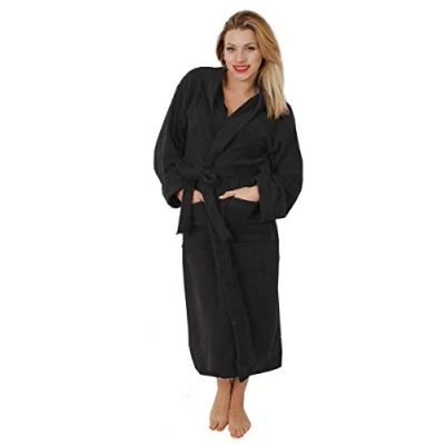 Image of LOVETRENDS Black Ladies &amp; Men&#039;s Terry Towelling Bathrobe 100% Cotton Unisex Dressing Gown Women&#039;s Super Absorbent Hooded Shawl with 2 Pockets (Small/Medium)