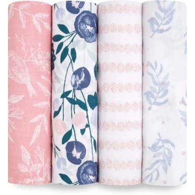 Image of aden + anais essentials 100% Cotton Muslin Swaddle &amp; Receiving Blanket for Baby Girls Boys, 112x112cm, Newborn Swaddling Set, Infant Toddler Shower Gift, 4 Pack, flowers bloom