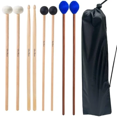 Image of VixxNoxx 4 Pairs Maple Drum Mallets 5A Sticks Marimba Felt Rubber Xylophone Beaters Wooden Percussion with Stick Bag