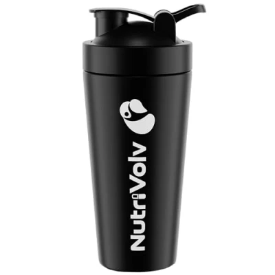 Image of NutriVolv Deluxe Steel Shaker Bottle 500ml Insulated Metal Protein Wire Mixball Whisk BPA Free Non Drip Screw Lid Black Colour Perfect for Mixing Powdered Shakes Supplement