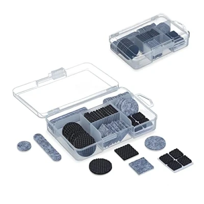 Image of Relaxdays Furniture Pads, with Box, 136x Pack, Self Adhesive, Floor Protector, Anti Slip, Square, Round, Grey/Black