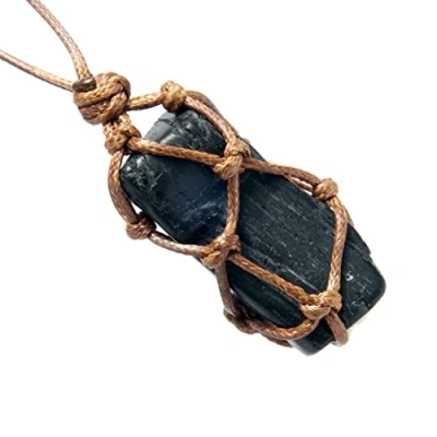 Image of Vintage Handmade Wax Rope Wrapped Raw Black Tourmaline Pendant Necklace,Healing Crystal,Healing Stone,Protection Necklace (Raw Stone)