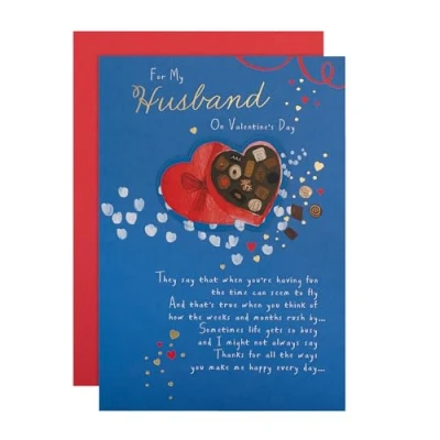 Image of Hallmark Husband Valentines Card, Card for Husband, Heart Shaped Box of Chocolates Design, Valentine&#039;s Day, With Envelope, Blue