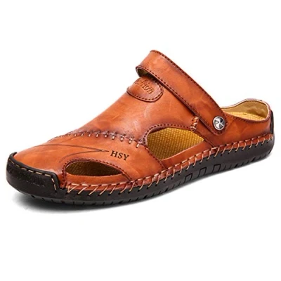 Image of Summer Mens Leather Casual Sandals,Outdoor Beach Breathable Fisherman Hiking Walking Shoes Brown 8 UK