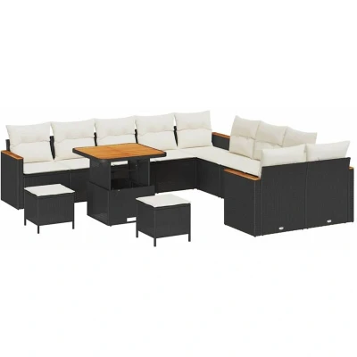 Image of vidaXL 13 Piece Garden Sofa Set with Cushions Black Poly Rattan Acacia