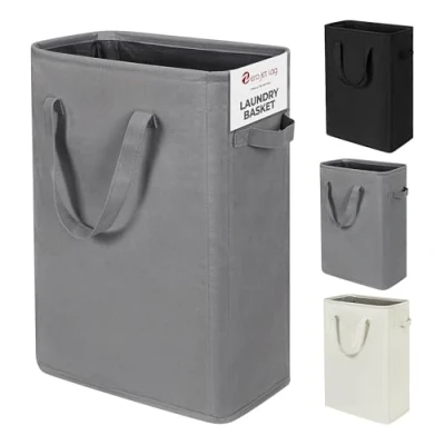 Image of ZERO JET LAG Slim Laundry Hamper With Handles Collapsible Basket Thin Dirty Clothes Narrow Bag Foldable Cloth 45L (21 inches,Grey)