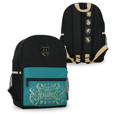 Image of Harry Potter Backpack for Girls Hogwarts Crest Small Black Nylon School or Kids Travel Side Meshed Pockets, Includes Personalised Name Label
