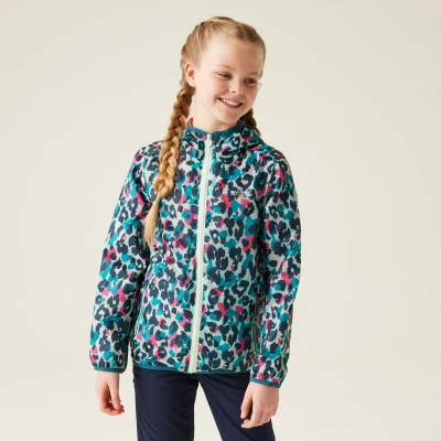 Image of Regatta Kids Water Repellent Printed Lever Packaway Waterproof Jacket Bleached Aqua Animal Print, Size: 14 Years