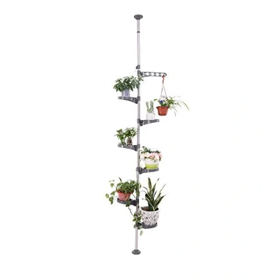 Image of BAOYOUNI 7 Tier Indoor Plant Pole Spring Tension Rod Expandable Flower Pots Display Rack Stand Hanger Metal Corner Storage Shelf, Grey