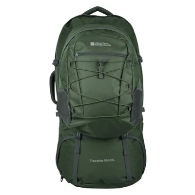 Image of Mountain Warehouse Traveller 60 + 20L Rucksack Durable Backpack with Rain Cover, Detachable Daypack, Adjustable Back Support Great for Camping, Hiking, Travelling Green