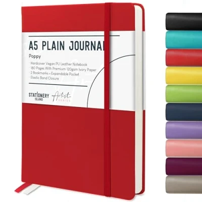 Image of STATIONERY ISLAND A5 Unlined Notebook,Plain Journal Hardcover with 120gsm Premium Thick Paper, 180 Pages Hardback Blank Note book for Writing, Working, Study, Poppy