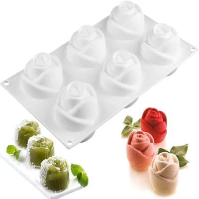 Image of JasCherry Silicone Mousse Cake Mould, 6 Cavity Rose Flower Shaped Non Stick Baking Mold, Soap Muffin Tray, Cupcake Moulds, Ideal for Candy Chocolate Jelly