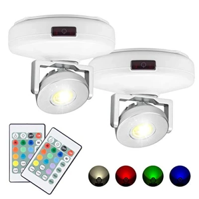 Image of HONWELL LED Spotlight Battery Powered Wireless Ceiling Lights Remote Controlled Colors Changing Accent Light Dimmable Picture with Rotatable Head for Cabinet Artwork Dart Board 2 Pack