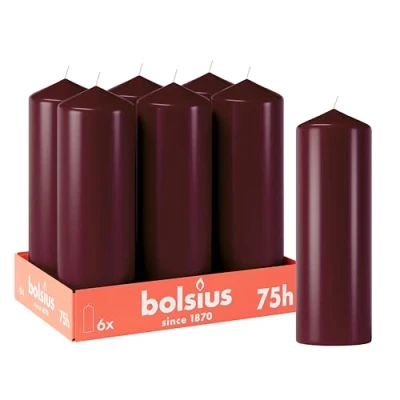 Image of Bolsius Smooth Pillar Candles Burgundy Pack of 6 20 x 7 cm Decorative Household Burn Time 75 Hours Unscented Contains Natural Plant Wax Without Palm Oil