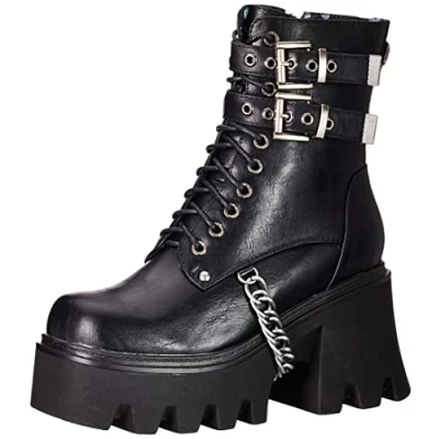 Image of LAMODA Women&#039;s Hostage Platform Ankle Boot, Black PU, Lace Up Chunky Ladies Combat Boots with Size Zipper, Mid Calf Chelsea Boots, Buckle &amp; Chain UK 6