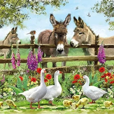 Image of 20 napkins animals on the fence as table decoration with for spring and summer 33 x cm