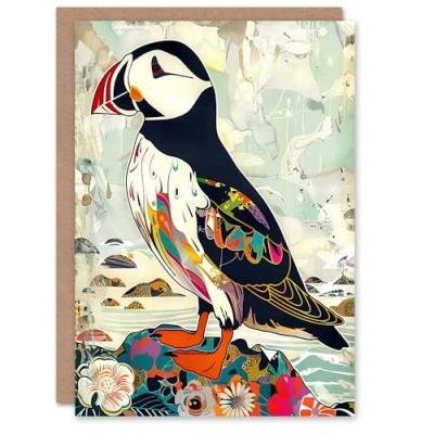 Image of Artery8 Colourful Patterned Puffin Artwork Mosaic Floral Greeting Birthday Card Him Her All Blank