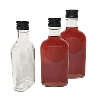 Image of 10 x Flask Glass Bottles 200 ml (0.2L) &amp; Metal Screw Caps (Twist on Lids) Home Brewing Gin Oil Vinegar Wine Vodka DIAH (Black Caps)