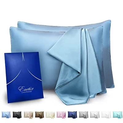 Image of Enetix Silk Satin Pillowcase for Hair and Skin, 2 Pack with Gift Package, Acne Free Hidden Zipper Pillow Cover (Standard (50 x 75cm), Azure)